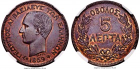 George I 5 Lepta 1869-BB MS65 Brown NGC, Strasbourg mint, KM42, Divo-63a. Exceptionally high grade for this normally heavily circulated type, of which...