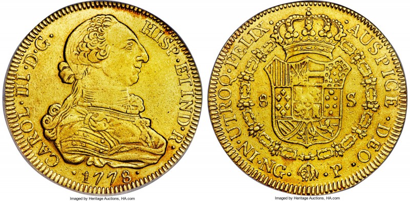 Charles III gold 8 Escudos 1778 NG-P AU Details (Cleaned) PCGS, Nueva Guatemala ...