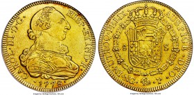 Charles III gold 8 Escudos 1778 NG-P AU Details (Cleaned) PCGS, Nueva Guatemala mint, KM40. Quite scarce as a type and only the second time we have of...