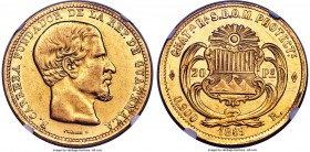 Republic gold 20 Pesos 1869-R MS61 NGC, Guatemala mint, KM194. Lustrous with some scuffing in the fields, but difficult to exceed grade-wise. Only a f...