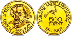 People's Republic gold Proof 500 Forint 1967-BP PR67 Cameo NGC, KM580. A sizeable and dazzling gem, fully cameo, and possessing a very interesting des...