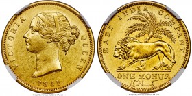 British India. Victoria gold Mohur 1841-.(c) MS61 NGC, KM462.3. Calcutta mint, KM462.1. Prid-22, S&W-3.7. Type A/1. W.W. Plain 4. Large Date with norm...