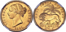 British India. Victoria gold Mohur 1841-(c)  AU58 NGC, Calcutta mint, KM462.3, Fr-1595a, Prid-22, S&W-3.7; Type A/1. "W.W." Plain 4. A commendable exa...