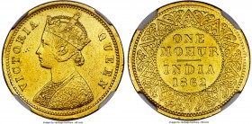 British India. Victoria gold Mohur 1862-(c) AU Details (Bent) NGC, KM480. Calcutta mint, KM480, Fr-1598, S&W-4.6, Type C/I. "V "on bust, 2 flowers var...
