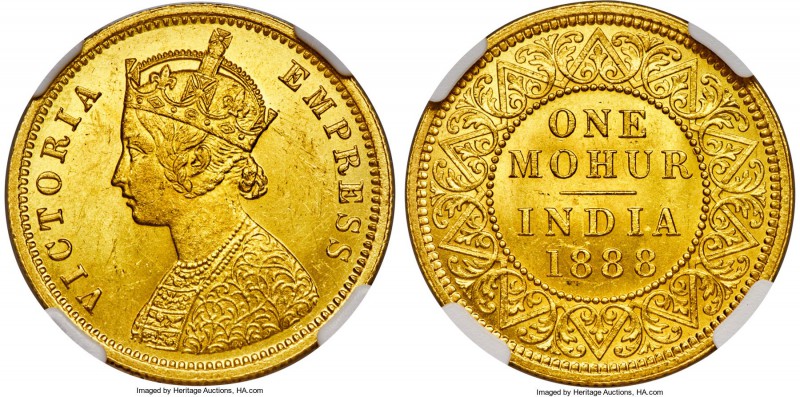 British India. Victoria gold Mohur 1888-(c) MS61 NGC, Calcutta mint, KM496. A br...