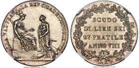 Cisalpine Republic Scudo of 6 Lire Anno VIII (1800) MS64+ NGC, KM-C2, Dav-199, Pagani-8. An immaculate example struck to an almost medallic level of d...