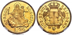 Genoa. Republic gold 96 Lire 1796 MS63 NGC, KM251. Fully brilliant with voluminous luster over the canary-gold surfaces, this massive gold issue, whil...