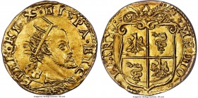 Milan. Phillip II of Spain gold Doppia 1582 MS63 PCGS, Fr-716, Crippa-4b. An intrinsically scarce type made even more fleeting in this noteworthy qual...