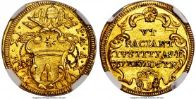 Papal States. Clement XI gold Scudo d'Oro ND (1717)-R Anno XVIII MS64 NGC, Rome mint, KM770. An extremely scarce and seldom offered one-year type, ver...