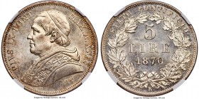 Papal States. Pius IX 5 Lire 1870-R Anno XXIV-R MS65+ NGC, Rome mint, KM1385. Supremely lustrous, with a luxurious light tone evenly gracing the planc...