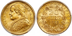 Papal States. Pius IX gold 20 Lire 1867-R Anno XXII MS66 PCGS, Rome mint, KM1382.3, Fr-280, Pag-531. The inaugural date from this three-year series, s...
