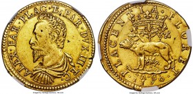 Piacenza. Alessandro gold 2 Doppie d'Oro 1590 XF40 NGC, CNI-IX.6, MIR-1137/4, Fr-899. Draped and cuirassed bust left / She-wolf standing left; behind,...