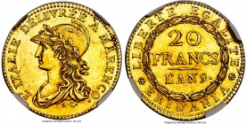 Piedmont. Subalpine Republic gold 20 Francs L'An 9 (1800/1801) MS61 NGC, Turin mint, KM-C5. An elusive issue from this fleeting French-backed republic...