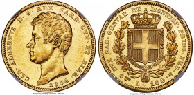 Sardinia. Carlo Alberto gold 100 Lire 1834 (Eagle)-P MS61 NGC, Turin mint, KM133.1, Fr-1138. A highly collectible and elusive type exhibiting flashy g...