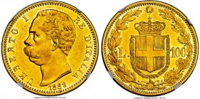 Umberto I gold 100 Lire 1883-R AU55 NGC, Rome mint, KM22, Fr-18, Mont-3, Gig-3. Mintage: 4,219. Pleasingly toned with a good strike that has left near...