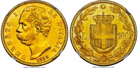 Umberto I gold 100 Lire 1883-R AU Details (Rim Repair) NGC, Rome mint, KM22, Fr-18, Mont-3, Gig-3. A rare type with a mintage of only 4,219. The examp...