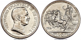 Vittorio Emanuele III 5 Lire 1914-R AU Detail (Cleaned) PCGS, Rome mint, KM56. One-year type. Essentially fully detailed over both sides, with light c...