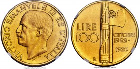 Vittorio Emanuele III gold 100 Lire 1923-R MS63+ Matte NGC, Rome mint, KM65. An historically important and numismatically intriguing one-year type pro...