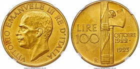 Vittorio Emanuele III gold 100 Lire 1923-R MS61 Matte NGC, Rome mint, KM65. A softly toned one-year type produced to commemorate the first anniversary...