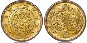 Meiji gold 5 Yen Year 6 (1873) MS66 PCGS, Osaka mint, KM-Y11a, Fr-47, JNDA 01-3A. A mesmerizing example with fully struck details and shimmering golde...