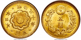 Meiji gold "Small Size" 5 Yen Year 30 (1897) MS65 NGC, Osaka mint, KM-Y32, JNDA-01.8, Fr-52. A wondrous gem, exhibiting exceptional cartwheel brillian...