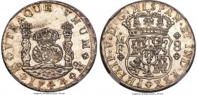 Philip V 8 Reales 1744 Mo-MF MS62+ NGC, Mexico City mint, KM103. Although struck slightly off-center, this crisp specimen is fully deserving of its "p...