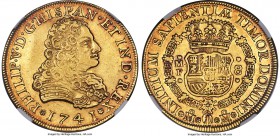 Philip V gold 8 Escudos 1741 Mo-MF AU55 NGC, Mexico City mint, KM148, Fr-8. Bordering on fully struck, with lustrous surfaces showing subtle accenting...