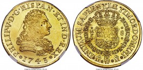 Philip V gold 8 Escudos 1743 Mo-MF UNC Details (Obverse Scratched) NGC, Mexico City mint, KM148, Onza-441, Fr-8. Were it not for a couple of thin scra...