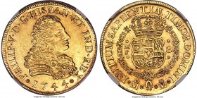 Philip V gold 8 Escudos 1744 Mo-MF AU58 NGC, Mexico City mint, KM148 FR-8, Onza-441. With a surprising amount of pronunciation within the details for ...
