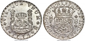 Ferdinand VI 8 Reales 1754 Mo-MF MS63 NGC, Mexico City mint, KM104.1. Frosty is the defining word for this choice example, which further shows an admi...