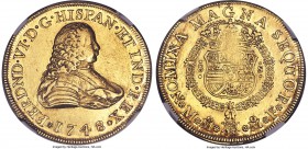 Ferdinand VI gold 8 Escudos 1748 Mo-MF AU58 NGC, Mexico City mint, KM150, Onza-598. It immediately becomes clear to the viewer upon the very first gla...