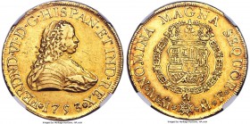 Ferdinand VI gold 8 Escudos 1753 Mo-MF AU55 NGC, Mexico City mint, KM151, Onza-604. A scarcer early bust date and quite elusive in this engaging prese...