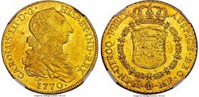 Charles III gold 8 Escudos 1770 Mo-MF AU55 NGC, Mexico City mint, KM155, Onza-757. Vibrant, with hues of rose at the rims and partial underlying luste...