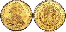 Charles III gold 8 Escudos 1772 Mo-FM AU58 NGC, Mexico City mint, KM156.1, Fr-33. A lustrous sun gold specimen which displays light handling and only ...