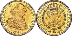 Charles III gold 8 Escudos 1788 Mo-FM AU58 NGC, Mexico City mint, KM156.1A. A rather commendable example, near-flawless, with only a scant amount of o...