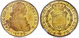 Charles IV gold 8 Escudos 1792 Mo-FM MS62 NGC, Mexico City mint, KM159, Onza-1020. An evenly struck example exhibiting flashy golden luster and high r...