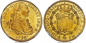 Charles IV gold 8 Escudos 1796/5 Mo-FM MS62 NGC, Mexico City mint, KM159, Fr-43, Onza-1026. A scarcer overdate, seldom represented in Mint State. Besi...