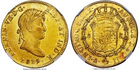 Ferdinand VII gold 8 Escudos 1819 Mo-JJ MS62 NGC, Mexico City mint, KM161. Highly lustrous, with a slight peripheral weakness toward the obverse 2 o'c...