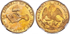 Republic gold 8 Escudos 1838/7 Go-PJ MS63+ NGC, Guanajuato mint, KM383.7. A most engaging early Republic issue and possessing some attractive characte...