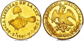 Republic gold 8 Escudos 1861/0 Zs-VL MS63 NGC, Zacatecas mint, KM383.11, Onza-2057. Beautifully lustrous and with struck-up design motifs over both si...