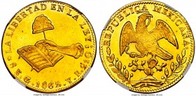 Republic gold 8 Escudos 1862 Go-YE MS62 NGC, Guanajuato mint, KM383.7. A quite attractive aurous 8 Escudos, displaying a better strike than usually en...