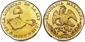 Republic gold 8 Escudos 1863 Mo-CH MS62 NGC, Mexico City mint, KM383.9. A lustrous offering with light hairlines commensurate with the grade, though n...