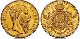 Maximilian gold 20 Pesos 1866-Mo MS61 NGC, Mexico City mint, KM389, Fr-62. An ever-popular one year type, with proper definition expressed within the ...