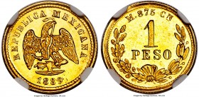 Republic gold Peso 1889 Cn-M MS64 NGC, Culiacan mint, KM410.2, Fr-160. A very rare issue, this brilliant specimen is not only defined by its low minta...
