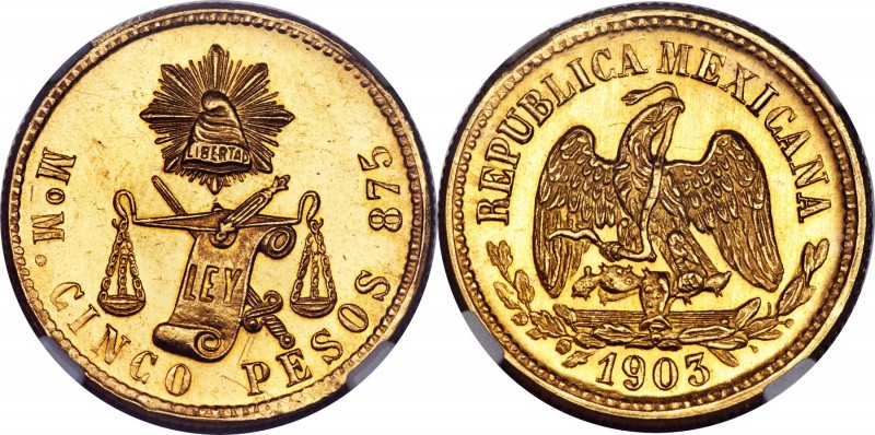Republic gold 5 Pesos 1903 Mo-M MS64+ NGC, Mexico City mint, KM412.6, Fr-128. Br...