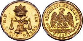 Republic gold 5 Pesos 1903 Mo-M MS64+ NGC, Mexico City mint, KM412.6, Fr-128. Brandishing a needle point strike and at the very cusp of gem designatio...