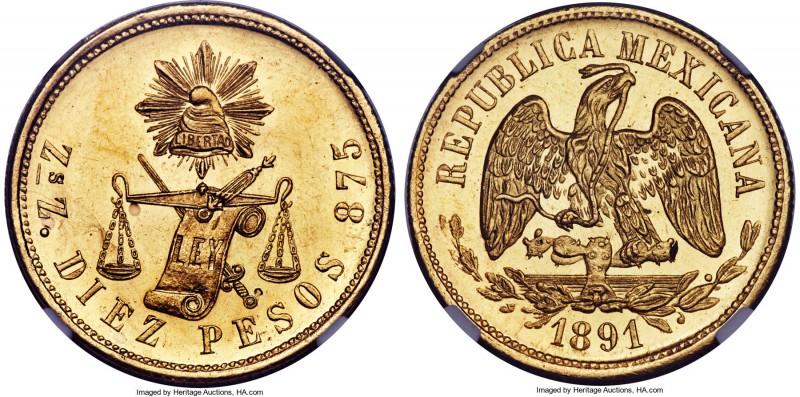 Republic gold 10 Pesos 1891 Zs-Z MS63+ NGC, Zacatecas mint, KM413.9. An unquesti...