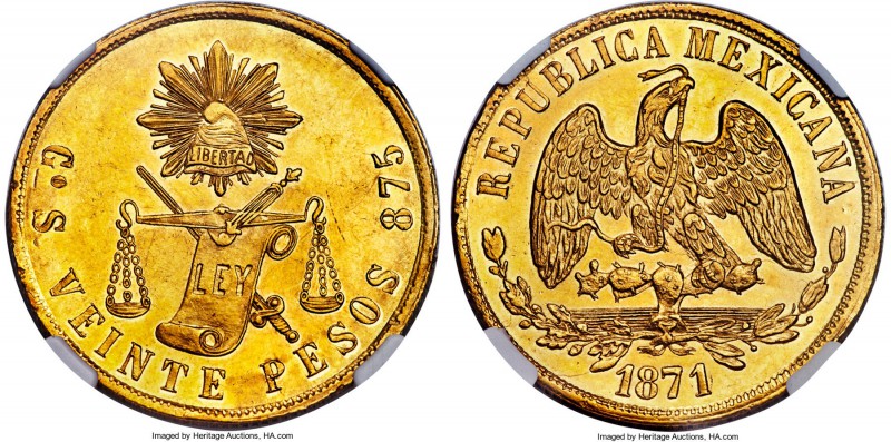 Republic gold 20 Pesos 1871/0 Go-S MS61 NGC, Guanajuato mint, KM414.4, Fr-124. T...