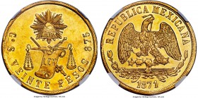 Republic gold 20 Pesos 1871/0 Go-S MS61 NGC, Guanajuato mint, KM414.4, Fr-124. The SCWC does not recognize an overdate for this year, but the outline ...