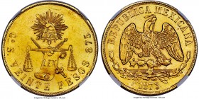Republic gold 20 Pesos 1873/1 Go-S MS62 NGC, Guanajuato mint, KM414.4, Fr-124. Very attractive for both the issue and grade, with mirrorlike fields an...